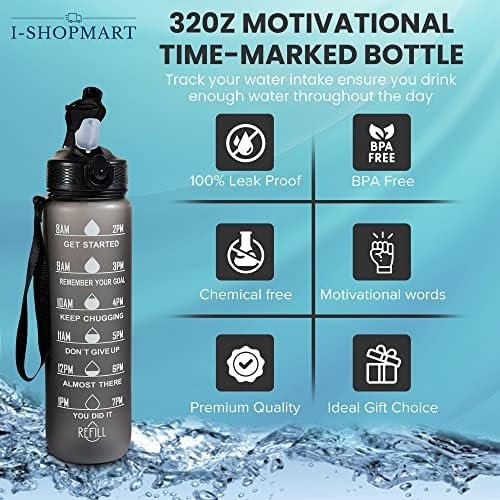 I-SHOPMART 32OZ בקבוק מים גדול עם סמן זמן מוטיבציוני-סגנון ספורט עם מכסה SIP-GULP Deluxe, פלסטיק טריטן עמיד, כיתת אוכל, בטוח מדיח