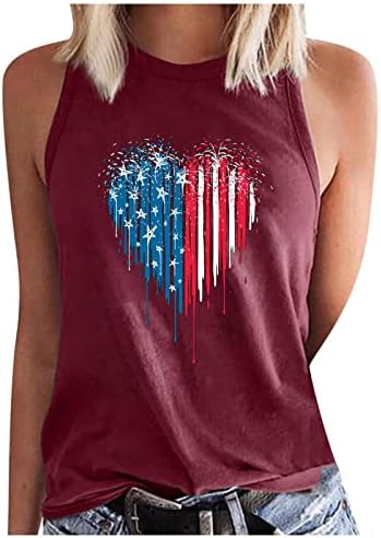 גופיות קיץ לנשים דגל אמריקאי לב חולצות טיול חולצות 4 ביולי שרוולס פטריוטי טיז יום עצמאות עליון טנקים רופפים
