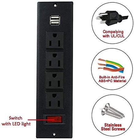 רצועת חשמל שקועה עם USB 4AC 2USB Outlet ו- 3AC 2 Outlet USB לארון שולחן שולחן עבודה בסדנה
