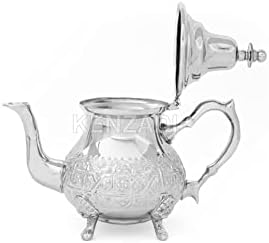 מרוקאי 34oz סיר תה גדול בעבודת יד פליז מכסף מצופה יד מגולפת בפס מרוקו